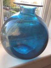 Isle of Wight Glass Large 11” Azure Blue Gold & Silver leaf Azurene Globe Vase.