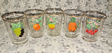 5x Vintage Britvic Fruit Motif Juice, Small Drinking Glasses 1970s Gold Edged