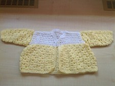 Hand Knitted Baby Cardigan/Matinee Jacket - Lemon and White
