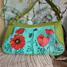 SMALL GREEN LEATHER SHOULDER BAG M & S HAND PAINTED POPPIES MARKS AND SPENCERS