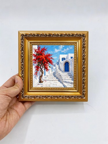 Santorini street red blossom - street,