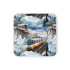 Cork Back Coaster Winter Train Scene Art Locomotive Railcar Railroad Home Decor