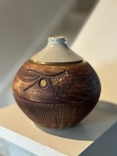 Hand Thrown Art Pottery Vase Brown And Gold Stoneware Etched Design Signed