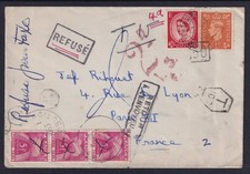 GB Cover 1953 Tied KGVI 1/2d QEII 2.5d Send to France with Postage Due "T" and a