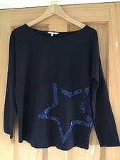Next Petite Ladies Navy Blue With Sequin Star Christmas L/Sleeved Top Size Small