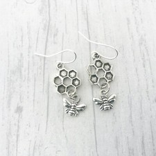 Silver Bee Earrings Plated Dangly Drop Honey Comb Bumble Bee Manchester