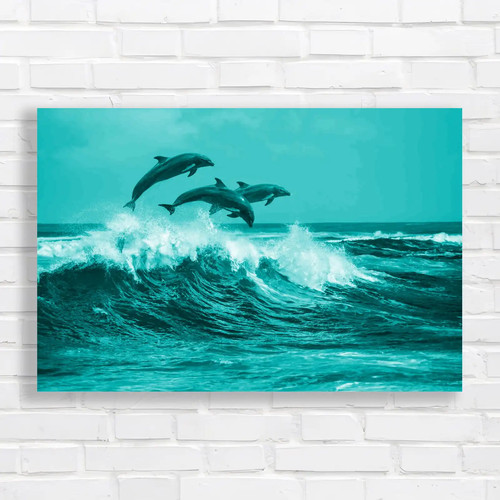 Dolphins jumping over waves - over,
