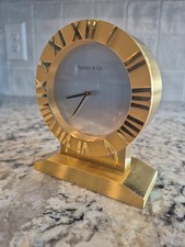Tiffany & Co Brass Atlas Desktop Clock on Stand with Roman Numerals Swiss Made