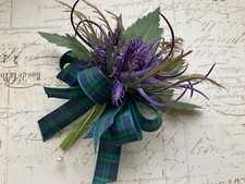 Scottish Thistle Wedding Buttonhole Corsage Black Watch Tartan Ribbon Hand Made