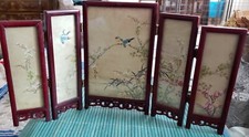 ANTIQUE CHINESE 5 PANEL STEP UP TABLE SCREEN HAND PAINTED ON LINEN IN ROSEWOOD