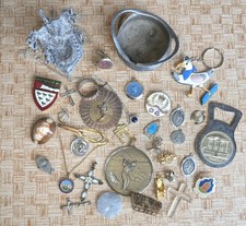 Oddity/curio lot - medals, badges, military, religious pendants, ashtray 