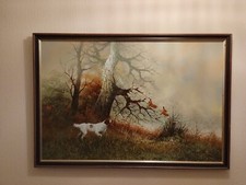 ORIGINAL OIL PAINTING SETTER HUNTING DOG & PHEASANTS IN FLIGHT SIGNED 26" X 37.5
