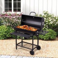 Barrel BBQ Grill Trolley Smoker, Large Cooking Area, Thermometer, Foldable Shelf