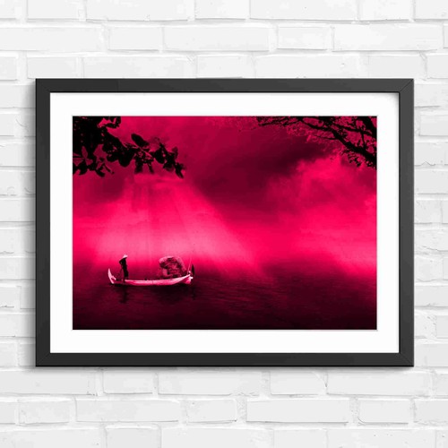 Foggy lake boat with - boat, fisher