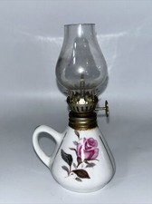 Mini Oil Lamps With Glass Shade And Wick, 12cm Tall Porcelain Pink Roses