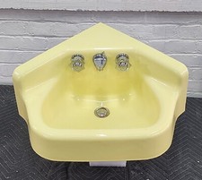 Yellow bathroom corner sink Cast Iron wall mount style ORIGINAL PORCELAIN
