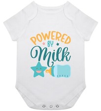 Powered By Milk Funny Babygrow Baby Grow Gift Idea Joke Cute Shower New Born