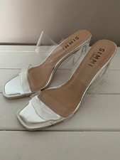 Simmi London (Heidi) - Silver Mirror Double Strap Mules with Clear Heels: Size 5