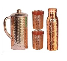 Pure Copper Water Pitcher Jug 1.5 Litre Hammered Water Bottles Tumber Set Of 4