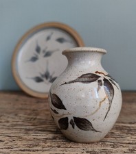 Argyll Pottery Stoneware Duo Vase & Dish Blue Leaves Handmade in Scotland   