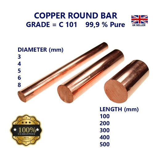 Copper round bar - round, 3/4/5/6/8