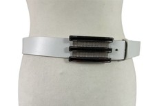 Adidas Trophy white leather striped chrome buckle belt fits W 33”-36”