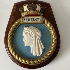 HMS Penelope Ship Crest Plaque Hand Painted on Solid Mahogany Mount 20cm x 15cm 