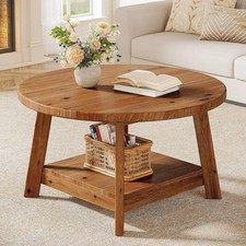 Solid Wood Round Coffee Table, 80cm Industrial Wooden 2-Tier Circle Coffee Table