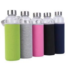 Glass Water Bottle with Sleeve 550ml Travel Sport Gym Hydration Shatterproof NEW
