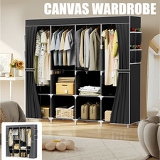 Fabric Canvas Wardrobe With Clothes Hanging Rail Shelving Storage Closet Large