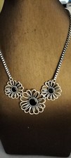 Beautiful costume Silver Tone Flower Necklace With Box Chain & Faux Jet Stones