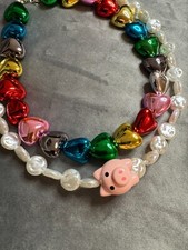 Candy crush necklace + Piggy pearl necklace / Сolorful hearts / Handmade