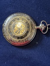 Geneve International Half Hunter Skeleton Pocket Watch Gold Plated/Tone