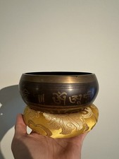 Vtg Tibetan Symbol Etching Singing Meditation Bowl With Mallet Chakra Healing