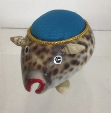 Vintage Cowrie Shell Pin Cushion Pink Top 1.75"Hx3"W, Tiny Shell Feet