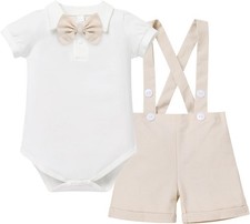 Baby Boys Christening Outfit Tuxedo Gentleman Bowtie Romper + Suspenders Strap 