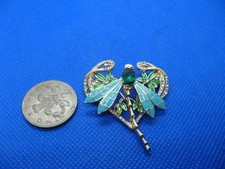 Lovely Rhinestone & Enamel Gold Tone Metal Dragonfly Brooch. New.
