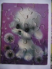 Vtg Retro Kitsch White Poodle Puppy Dog Big Eyes Art Picture Jigsaw Puzzle 