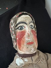 Antique French Hand Painted Puppet  Carved Wooden Head & Hands Early 1900s