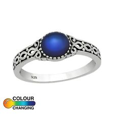 925 Sterling Silver Round Colour Changing Mood Ring Filigree Sizes L O Q Boxed