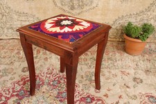 Vintage Wooden Stool Ottoman Boho Embroidered Seat Accent Side Table