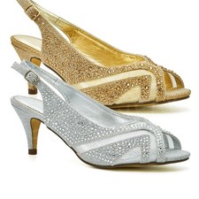 Ladies Low Kitten Heels Court Shoes Womens Diamante Bridal Peep Toe Party Prom