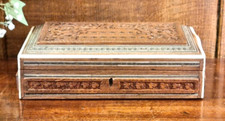 ANTIQUE Indian Vizagapatam SANDALWOOD & SADELI INLAID BOX CARVED TEMPLE/ANIMALS