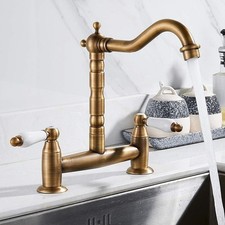 Traditional Kitchen Sink Mixer Tap, 2 Hole Dual Lever Bridge Brass Faucet 1/4 T