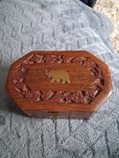 Wooden Brown Box with Intricate Brass Elephant Inlay with Hinged Lid.