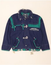 OIL COMPANY Mens Graphic Bomber Jacket UK 38 Medium Navy Blue Colourblock BK01