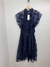 Hobbs Tess Navy Midi Dress Size 14 A-Line Jacquard Floral Belted RRP £189