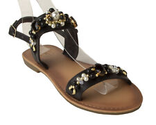 WOMENS BLACK DIAMANTE PEARL FLAT COMFY SLING BACK SUMMER SANDALS LADIES SIZE