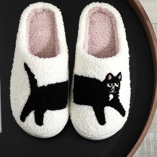 Cute black cat slippers fluffy - slippers,