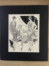 1920s Art Deco Original Fashion Illustration Flapper Women Ink Drawing Signed